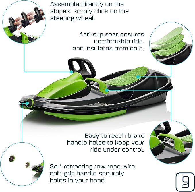 Snow Sled for Kids, Adults - Toboggan Sled, Easy Turning Steering Wheel, Anti-Slip Seat, Pull Up Brake, Durable Plastic Sled, Lightweight, Snow Sleds, Age 3+ 260 lbs-StrideForce Fitness