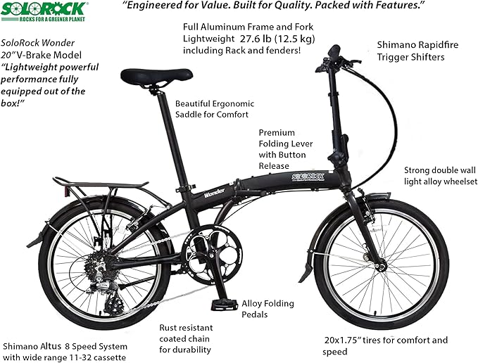 SOLOROCK 20" 8 Speed Aluminum Folding Bike - Wonder V Brakes, with Fenders & Alloy Rear Rack, Stainless Steel Spokes & Stainless Steel Fender Stays-StrideForce Fitness