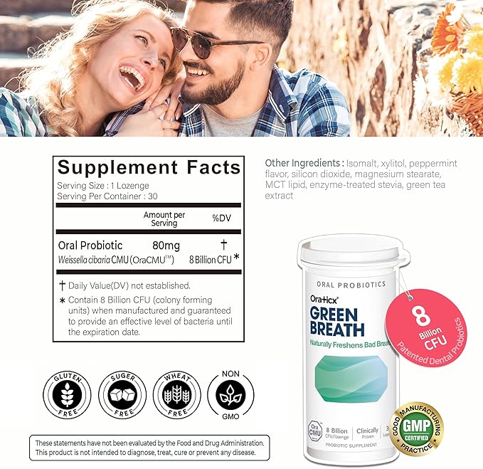OraTicx Oral Probiotics Green Breath, Freshen Bad Breath, Dental Probiotic Supplement for Oral Health, 8 Billion CFU, Mint Flavor 30 Lozenges 4-Pack