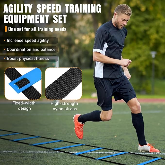 Agility Ladder, Speed Training Equipment Set, 20ft Agility Ladder, 12 Soccer Cones, 4 Hurdles, Jump Rope, Running Parachute, Basketball Football Soccer Training Equipment for Kids, Youth, Adults-StrideForce Fitness