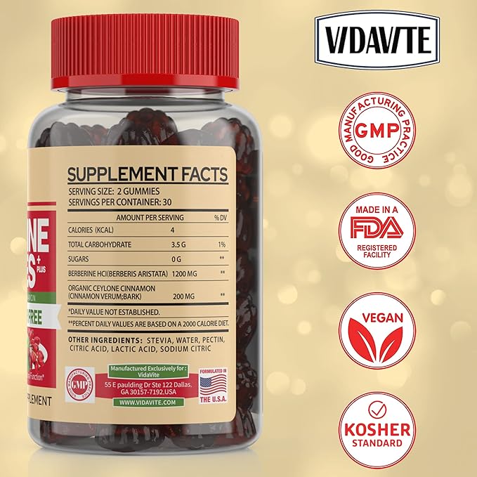 Berberine with Ceylon Cinnamon Gummies — Sugar-free, 98% Pure & 10x Absorption — 1200mg HCL Organic Berberine Supplement for Weight Management, Immunity, Metabolic & Digestive Health(30 Days)-StrideForce Fitness