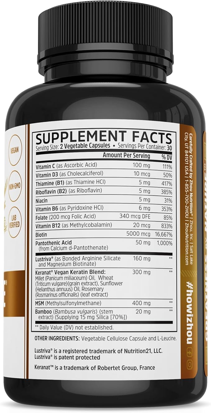 ZHOU Hairfluence, Hair Growth Supplement with Clinically Studied Lustriva and Keranat and Hair Vitamins Biotin 5000mcg, Vitamin D, A, C & B12, Non-GMO, Gluten Free, 60 VegCaps-StrideForce Fitness