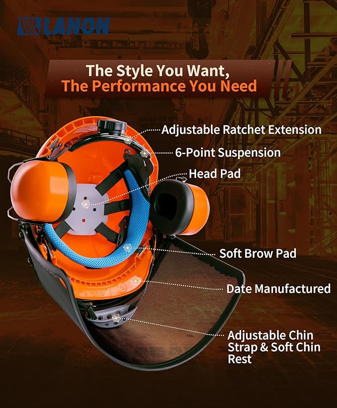 LANON Industrial Forestry Safety Helmet Protection System, ANSI Approved Chainsaw Hard Hats with Adjustable Ear Muffs & Face Shield Visor, 6 Point Adjustable Ratchet Suspension, Class C, Orange-StrideForce Fitness