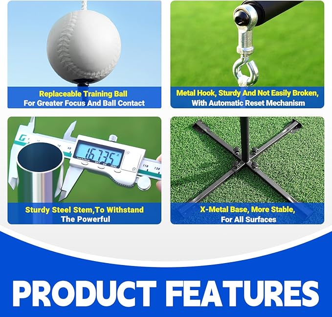 Batting Tee with Tethered Ball – Adjustable 20" to 45" Baseball & Softball Hitting Trainner – Metal X-Base with 4 Ground Stakes & 2 Sandbags for Maximum Stability – Swing Trainner for All Ages-StrideForce Fitness