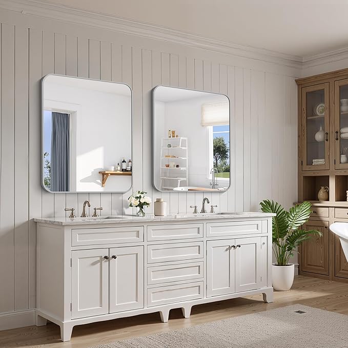 FORBATH 30x36 Inch Silver Bathroom Mirror for Over Sink, Large Rectangular Wall Mirror with Metal Frame, Rounded Corners for Bathroom, Bedroom, Entryway Decor (Horizontal or Vertical)-StrideForce Fitness