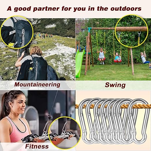 200PCS M6 Spring Snap Hook Carabiner, Heavy Duty Galvanized Steel Carabiner Clip, 260LBS Holding Capacity Spring Clips for Hammock Swing Outdoor Travel-StrideForce Fitness