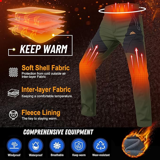 TACVASEN Men's Skiing Snow Pants Fleece Lined Waterproof Winter Insulated Hiking Pant for Outdoor Work Hunting Cargo-StrideForce Fitness