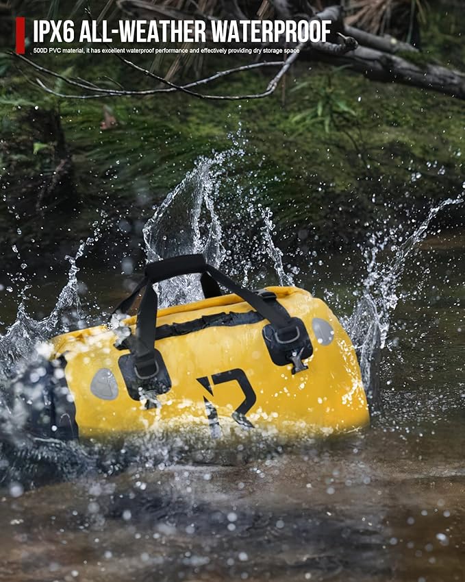 BORLENI Waterproof Motorcycle Dry Duffel Bag Luggage Tail Bag with Large Storage Space,Roll Top Closure, Shoulder Straps, Inner Pocket and Mesh Pocket for Motorcycling Travel Camping(Yellow,70L)-StrideForce Fitness