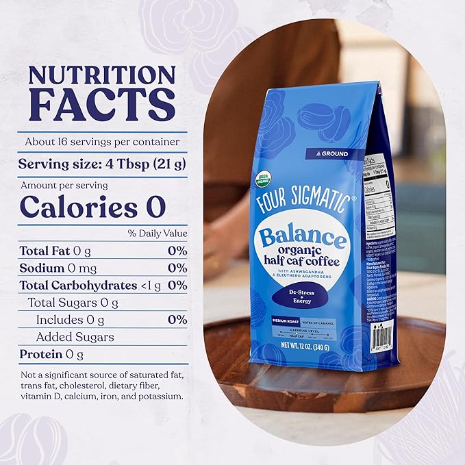 Four Sigmatic Organic Balance Adaptogen Ground Coffee | Medium Roast USDA Organic Coffee with Ashwagandha, Chaga Mushroom, Eleuthero and Tulsi for Focus and Energy Boosting | 12oz Bag-StrideForce Fitness