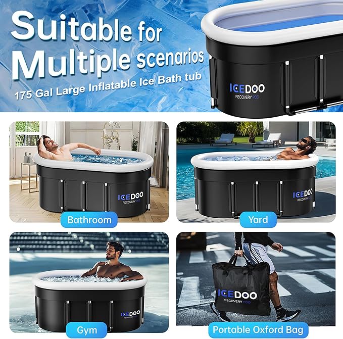 Upgraded 175 Gal XXL Large Oval Ice Bath with Air Ring, Multi-Layered Portable Cold Plunge Tub for Athletes, Foldable & Inflatable Cold Tub Recovery at Home, Outdoors,Gym Use Bathtubs.-StrideForce Fitness