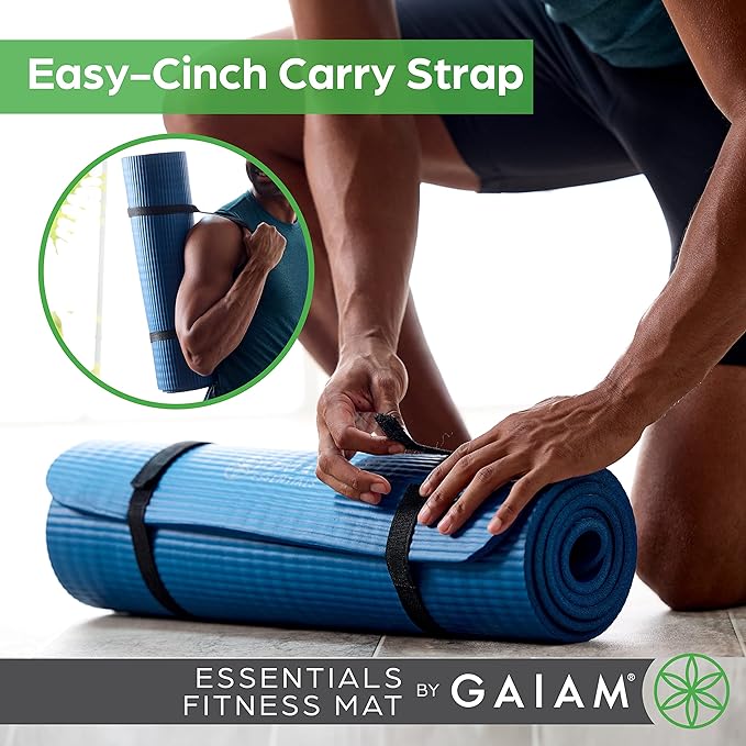 Gaiam Essentials Thick Yoga Mat Fitness & Exercise Mat with Easy-Cinch Yoga Mat Carrier Strap, 72"L x 24"W x 2/5 Inch Thick-StrideForce Fitness