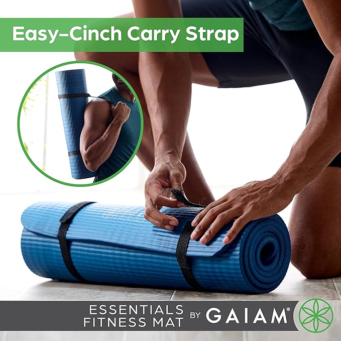 Gaiam Essentials Thick Yoga Mat Fitness & Exercise Mat with Easy-Cinch Yoga Mat Carrier Strap, 72"L x 24"W x 2/5 Inch Thick-StrideForce Fitness