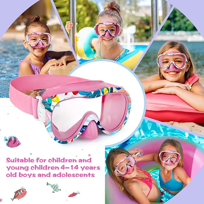 Kids Swim Goggles with Nose Cover, 180° Panoramic Snorkel Mask with Anti-Fog & Anti-Leak Design, Comfort Fabric Strap UV Protection Lens for Boys Girls Ages 3-15-StrideForce Fitness