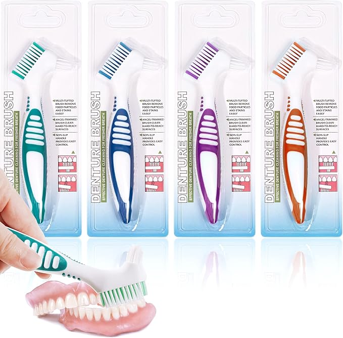 Denture Brush 4 Pack,Double Sided Denture Toothbrushes, Multi-Layered Bristles & Ergonomic Rubber Anti-Slip Handle Denture Brush Toothbrush, for Denture Cleaning Care