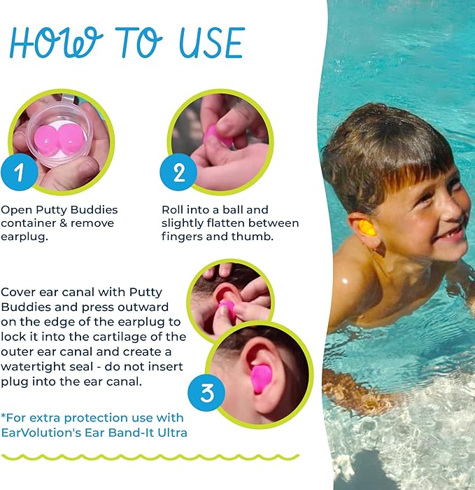 Earvolution Floating Putty Buddies Ear Plugs for Swimming - Invented by an Ear Physician - Moldable, Premium, Silicone - Floats on Water - Waterproof - Made in The USA - 3 Pack - Hot Pink-StrideForce Fitness