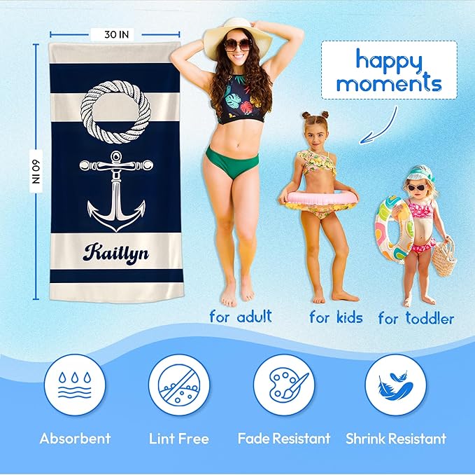 JML Personalized Beach Towel with Name, Custom Anchor Beach Towel, Customized Microfiber Pool Towel, Quick Dry & Absorbent Swim Towel for Adult,Mother's Day, Birthday, Summer Holiday,Vacation-StrideForce Fitness
