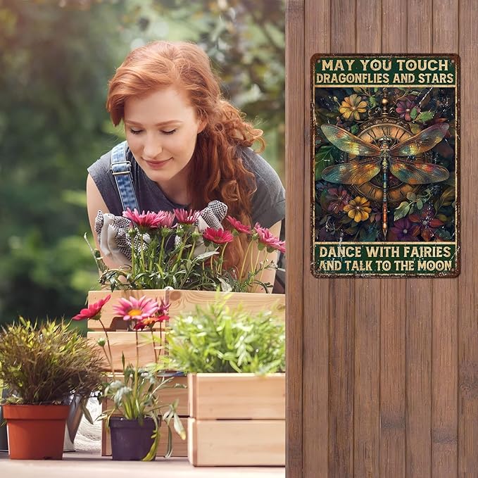 Vintage Dragonfly Tin Sign May You Touch Dragonflies And Stars Dance With Fairies And Talk To The Moon Retro Metal Poster Funny Wall Art Cafe Toilet Farm Room Garden Plaque Outdoor 12 * 8inch-StrideForce Fitness