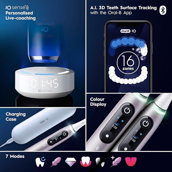 Oral-B iO Series 9 Limited Rechargeable Rose Quartz Electric Toothbrush with (2) Ultimate Clean and (1) Gentle Care Replacement Brush Heads, White, Travel Case-White and Charger