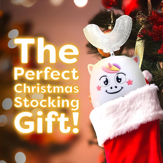 Trueocity Kids U Shape Toothbrush Auto Electric Toddler Rechargeable Kids Automatic Toothbrush | 360° U-Shaped Silicone Brush Head | Gentle Cleaning for Ages 2–7 | Unicorn Design (Pink)