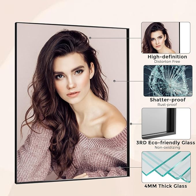 27x40 Inch Black Bathroom Mirror for Wall, Aluminum Frame Rectangle Rectangular Vanity Mirror, Modern Large for Bedroom, Living Room, Horizontal or Vertical-StrideForce Fitness