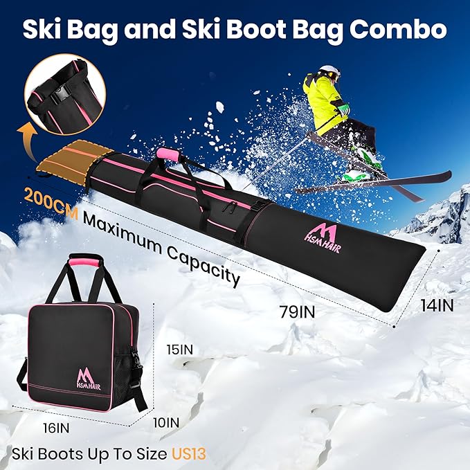 Ski Bag and Boot Bag Combo,Padded Ski Bag Set for Air Travel,Snow Ski Bags for Adults,Water- resistant Ski Boot Bag Fits for Skis Up to 200 CM and Boots Up To Size US13-StrideForce Fitness