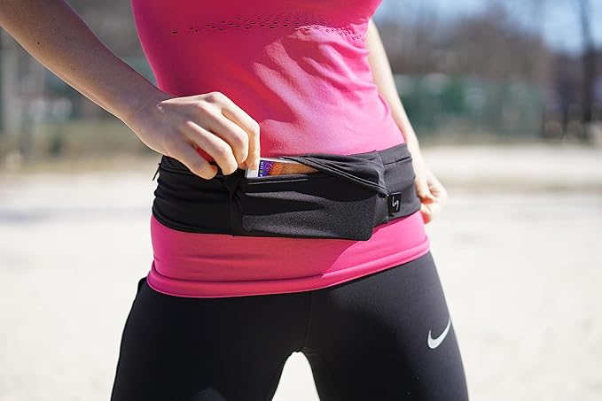 3 Pocket Adjustable Running Belt Waist Pack, Fanny Pack For Working Out With Sweat Resistant Backing, Holds All iPhone Models (Black/Black, X-Small)-StrideForce Fitness