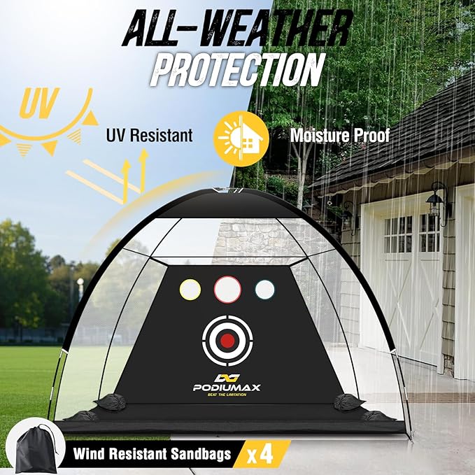 PodiuMax Golf Net, 10x7ft Golf Practice Net and Mat, Noise Reduce Target, 5 Balls, 4 Sandbags, Tee, Carry Bag, Hitting Nets for Backyard Garage, Indoor Driving Chiping, Gift for Men & Golfers-StrideForce Fitness