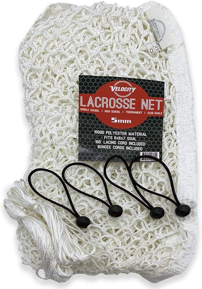 Velocity Heavy Duty Black & White Lacrosse Net - Fits 6’x6’x7’ Goals - Weatherproof, UV Resistant 1000D High-Strength Polyester - Comes with 100+ Feet of Lacing Cord and 4 Quick Ties-StrideForce Fitness