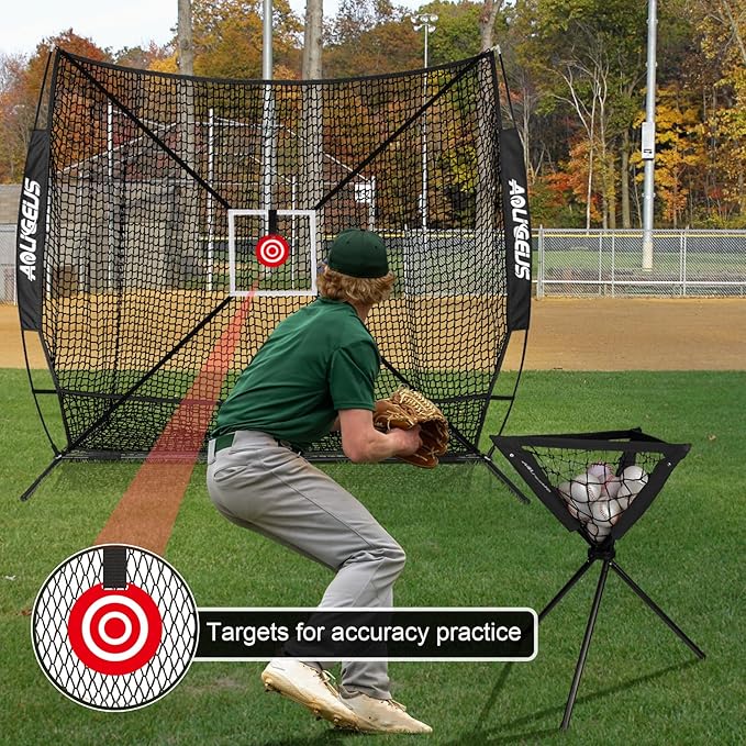6'X6' Baseball Softball Practice Net with Batting Tee and Ball Caddy, Bonus Strike Zone Target and Bow Frame, for Hitting, Pitching, Catching-StrideForce Fitness