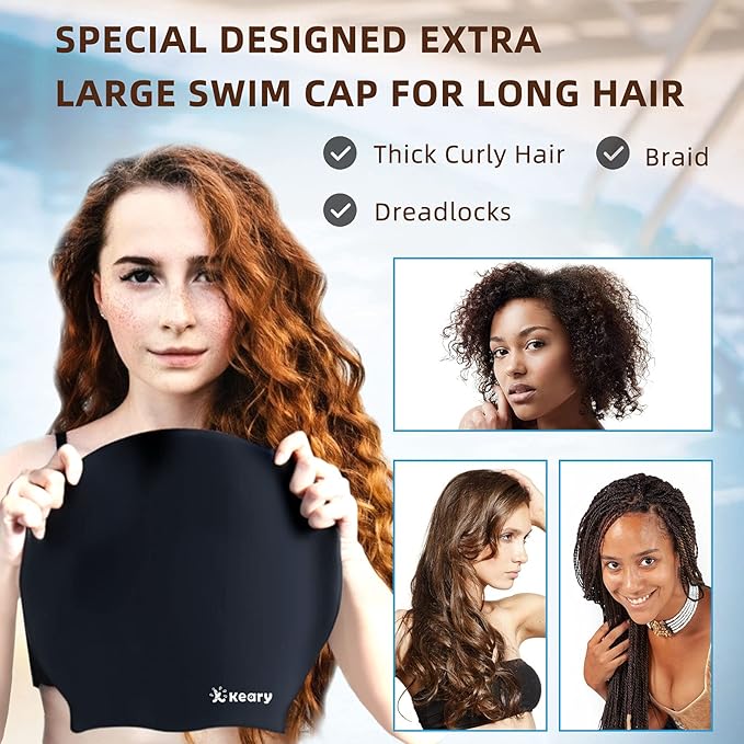 Keary Extra Large Swim Cap for Braids and Dreadlocks Extensions Weaves Long Hair, Waterproof Silicone Cover Ear Bath Pool Shower Swimming Cap for Adult Youth to Keep Hair Dry, Easy to Put On and Off-StrideForce Fitness