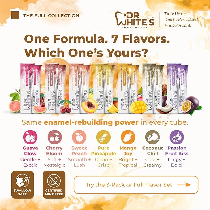 Dr. White’s Fluoride-Free nHA Toothpaste; Dentist-Formulated, Nano Hydroxyapatite + Xylitol, Sensitivity Relief Complex™, Mint-Free, Enamel Safe, Swallow-Safe (3.5 Oz, Mango Joy)