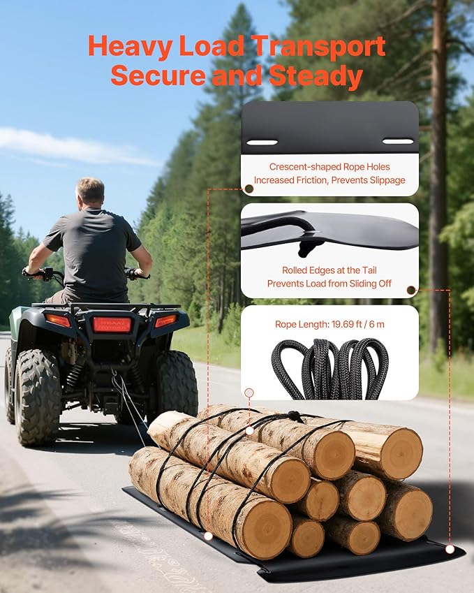 VEVOR Yard Drag Sled, 90 x 46 in, 1500lbs Heavy Duty Utility Sled, HDPE Drag Glider with Ropes & Pull Cables, Hand & Vehicle Use Game Hauler for Firewood Ice Fishing,Compatible with ATVs UTVs Tractors-StrideForce Fitness