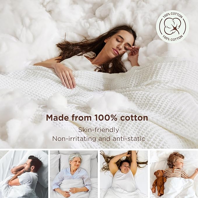 Bedsure 100% Cotton Blanket Queen Size for Bed - Breathable and Soft, Waffle Weave Blanket for Summer, Thick Cozy Fall Blankets for Women Gift, White, 90x90 Inches-StrideForce Fitness