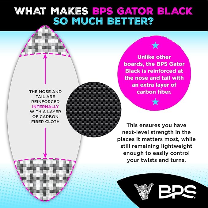 BPS New Zealand ‘Gator Black’ Fiberglass Skimboard with Padded Carry Bag Made from Recycled Plastics Performance Skimboard with Custom Traction Pads for Kids Adults Choose from 3 Sizes-StrideForce Fitness