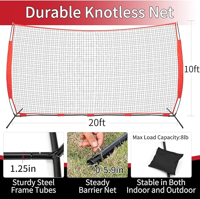 7x7/16x10/20x10ft Ball Backstop Net,Fix Ball Stop Net by 4 Spike&2 Sandbag,Sports Net Barrier with Handbag,Lacrosse Net Backstop for Softball,Basketball,Hockey Train,Baseball Net Barrier for Backyard-StrideForce Fitness