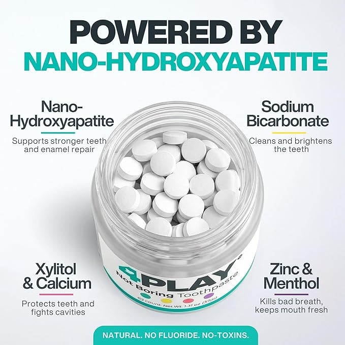 Toothpaste Tablets with Nano-Hydroxyapatite - Teeth Whitening Fluoride-Free Natural Remineralizing Enamel Repair Gum Powder Tabs with Xylitol for Sensitive Tooth Cavity Care and Fresh Breath