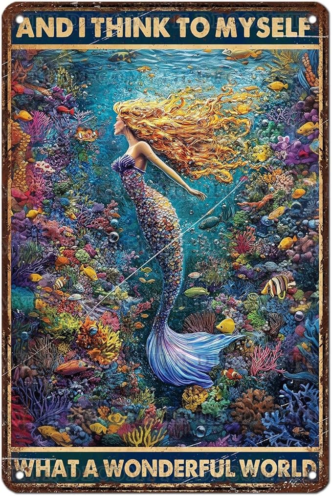 Retro Mermaid Tin Sign And I Think to Myself What a Wonderful World Vintage Metal Poster Funny Wall Art Toilet Bathroom Man Cave Bar Cafe Indoor Room Garage 12 * 8inch-StrideForce Fitness