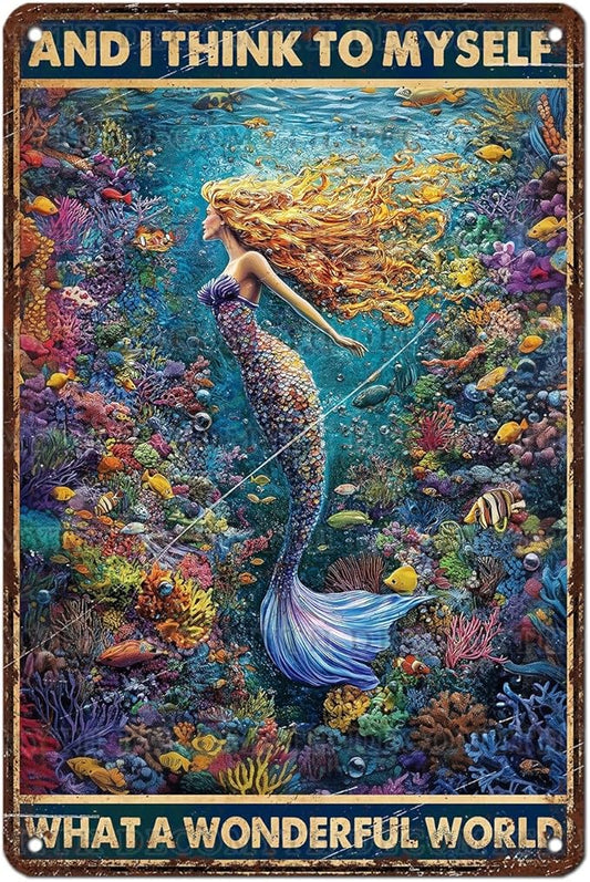 Retro Mermaid Tin Sign And I Think to Myself What a Wonderful World Vintage Metal Poster Funny Wall Art Toilet Bathroom Man Cave Bar Cafe Indoor Room Garage 12 * 8inch-StrideForce Fitness