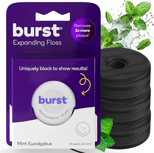BURST Expanding Dental Floss Kit (Mint Eucalyptus/120 Yards/Starter Kit + 3 Refills) | Stain Absorbing & Woven Tooth Floss with Xylitol Coating to Fight Cavities | Vegan | Paraben Free Expanding Floss