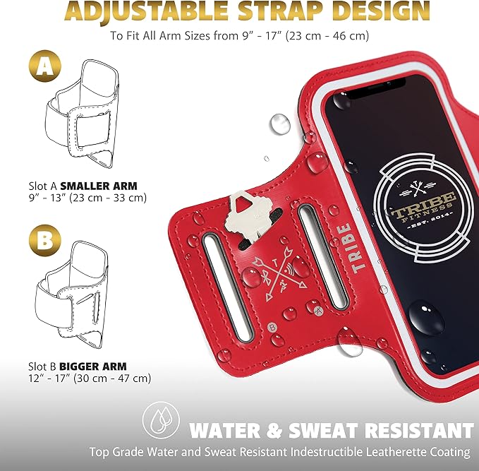 TRIBE Water Resistant Cell Phone Armband Case Running Holder for iPhone Pro Max Plus Mini SE (13/12/11/X/XS/XR/8/7/6/5) Galaxy S Ultra Plus Edge Note (21/20/10/9/8/7/6/5) Adjustable Strap & Key Pocket-StrideForce Fitness