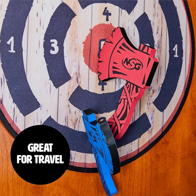 NSG Tomahawk Toss - Foam Axe Throwing Game for Kids - Two Lightweight Axes with Large Easy Stick Target, Wood/Black/red/Blue (JS7000)-StrideForce Fitness