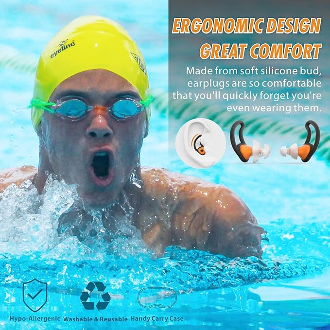 Hearprotek Ear Plugs for Swimming, [2 Pairs] Swim Ear Plugs Adults-Waterproof Silicone Water earplugs for Men Women Juniors Swimmers Pool Shower Bathing (Orange)-StrideForce Fitness
