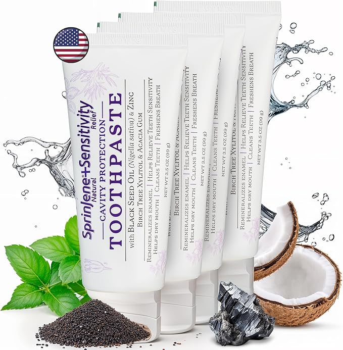 SprinJene Natural Sensitivity Relief Toothpaste – Fluoride Toothpaste for Sensitive Teeth & Cavity Protection – SLS Free with Patented Black Seed Oil & Zinc – Made in The USA (4 Pack)