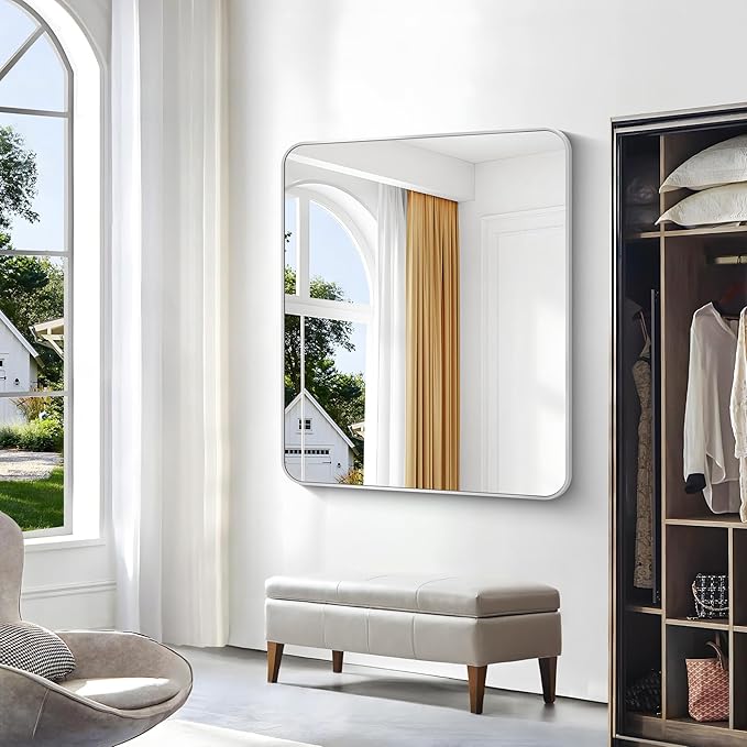 Silver Bathroom Mirror,40x48 inch Wall Mirror for Bathroom Wall Mounted,Rectangle Mirror for Bathroom Over Sink,Modern Frame Round Corner for Living Room,Bedroom Entryway,Horizontal/Vertical-StrideForce Fitness