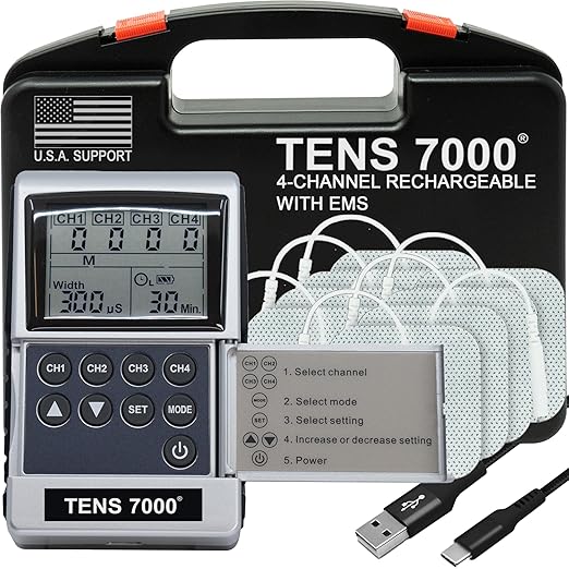 TENS 7000 Pro Rechargeable Tens Unit Muscle Stimulator, 4 Channels, Back Pain Relief, 8 Electrodes/Unit Pads, EMS and TENS Machine, Muscle Recovery & Growth, Stim Machine, Electrotherapy-StrideForce Fitness