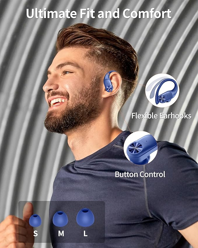 PocBuds Bluetooth Headphones Wireless Earbuds 80hrs Playtime Wireless Charging Case Digital Display Sports Ear Buds with Earhook Deep Bass IPX7 Waterproof Over-Ear Earphones for TV Phone Laptop Navy-StrideForce Fitness