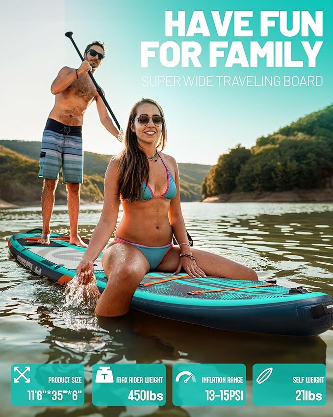 Bigfly 11'6×35" Super Wide Inflatable Stand Up Paddle Board, Ultra Stable Wide SUP for 2+1 People/Family/Big Size, 100L Backpack, All-Round Sup Board, US Big Fin-StrideForce Fitness