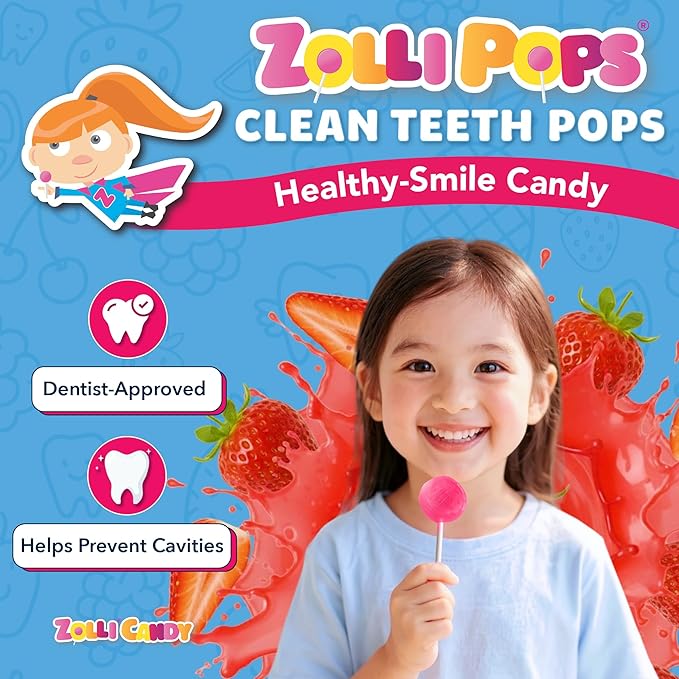 Zollipops Clean Teeth Pops Sugar Free Candy with Xylitol, Dye-Free Lollipops - Keto & Diabetic-Friendly, Dentist-Approved Treats for Kids (Strawberry, 3.1 oz)