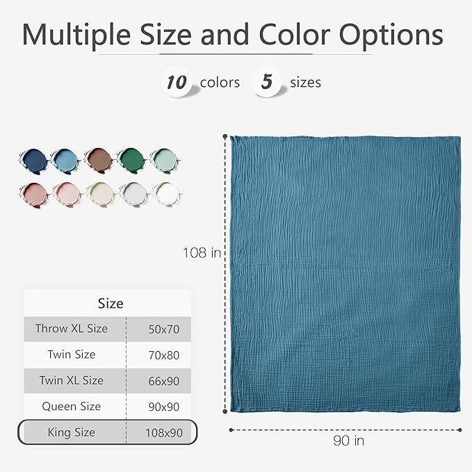 Carriediosa 100% Cotton Muslin Throw Blanket 108" X 90" King Size，4-Layers Summer Gauze Throws for Bed Couch，Soft Lightweight Breathable Linen Blankets Bedspread for Adults All Season，Dusty Blue-StrideForce Fitness