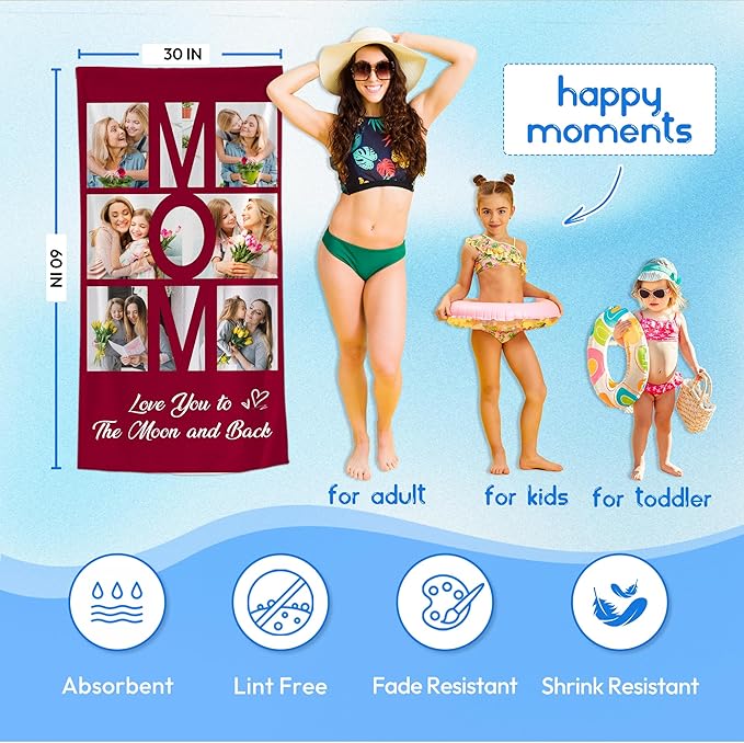 JML Mothers Day Birthday Gifts for Mom from Daughter Son, Personalized Beach Towel with Photo, Custom Beach Towel Gift for Mommy, Grandma, Women, Wife Anniversary Family Day, Summer, Holiday-StrideForce Fitness